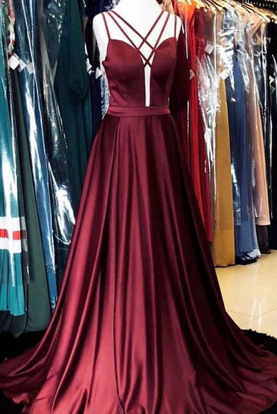 A Line Halter Burgundy Satin Long Prom Evening Dresses with Backless PDA010 | ballgownbridal