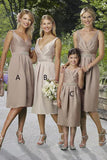 A-Line V-Neck Knee-Length Coffee Satin Bridesmaid Dress with Beading AHC655 | ballgownbridal
