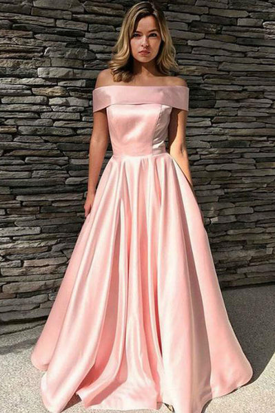 Pink Satin Off Shoulder A Line Floor Length Prom Dress PDA516 | ballgownbridal