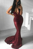 Sexy Mermaid Burgundy Prom Dresses V Neck Sweep Train Evening Dresses PDA210 | ballgownbridal