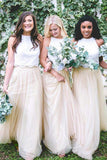 Two Piece Jewel Keyhole Back Light Champagne Tulle Bridesmaid Dress with Lace AHC646