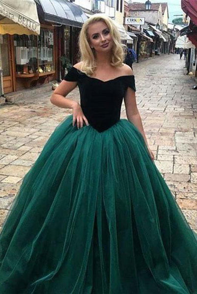 A Line Off the Shoulder Green Tulle Long Prom Evening Dresses PDA006 | ballgownbridal