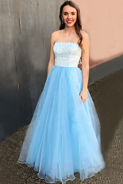 A-Line Strapless Floor-Length Light Blue Prom Dress with Lace Beading LR37