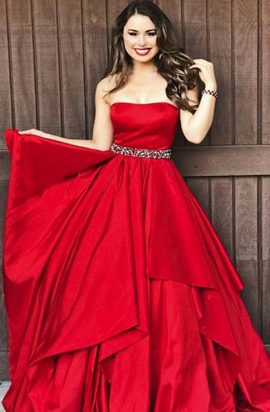 A-Line Sweetheart Sweep Train Red Satin Sleeveless Prom Dress with Beading Ruffles LR224