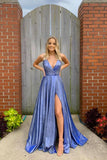 Simple Blue V Neck Long A Line Side Slit Prom Dress PDA236 | ballgownbridal