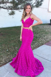 Two Piece Mermaid Spaghetti Straps Sweep Train Fuchsia Lace Prom Dress PDA384 | ballgownbridal