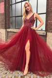 A-Line V-Neck Backless Sweep Train Burgundy Prom Dress with Beading Split LR17