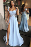 A-Line Scoop Cap Sleeves Floor-Length Light Blue Prom Dress with Appliques Split PDA252 | ballgownbridal