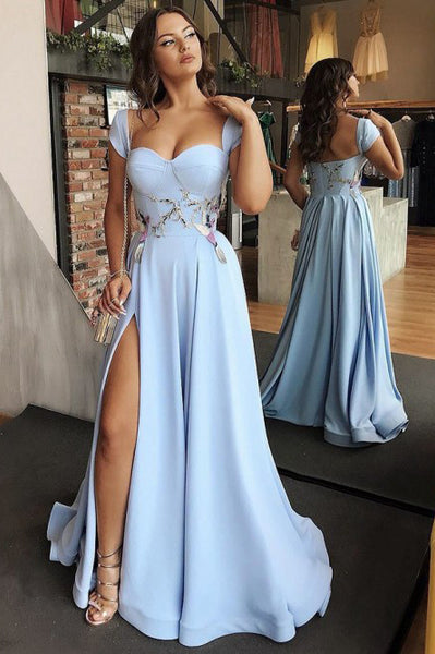A-Line Scoop Cap Sleeves Floor-Length Light Blue Prom Dress with Appliques Split PDA252 | ballgownbridal
