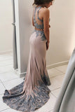 Two Piece Jewel Sweep Train Grey Stretch Satin Prom Dress with Appliques Beading LR374 | ballgownbridal