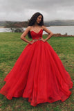 Ball Gown Sweetheart Lace Up Sweep Train Red Organza Prom Dress with Pleats PDA382 | ballgownbridal
