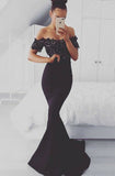 Mermaid Off-the-Shoulder Sweep Train Black Satin Prom Dress with Lace LR214