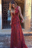 Mermaid Deep V-Neck Sweep Train Dark Red Lace Sleeveless Prom Dress LR449 | ballgownbridal