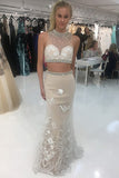 Two Piece High Neck Sweep Train Beige Tulle Prom Dress with Appliques Beading LR164
