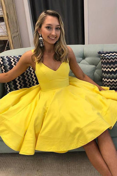 Simple A Line V Neck Yellow Short Homecoming Dresses with Ruched PDA090 | ballgownbridal