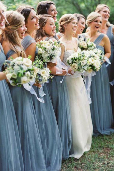 A-Line V-Neck Floor-Length Turquoise Tulle Bridesmaid Dress with Belt AHC650 | ballgownbridal