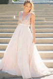 A-Line Deep V-Neck Sweep Train Pearl Pink Chiffon Backless Bowknot Prom Dress LR248