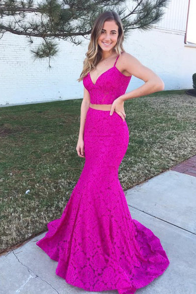 Two Piece Mermaid Spaghetti Straps Sweep Train Fuchsia Lace Prom Dress PDA384 | ballgownbridal