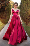 Red Satin Spaghetti Straps Long V Neck Prom Dress PDA502 | ballgownbridal