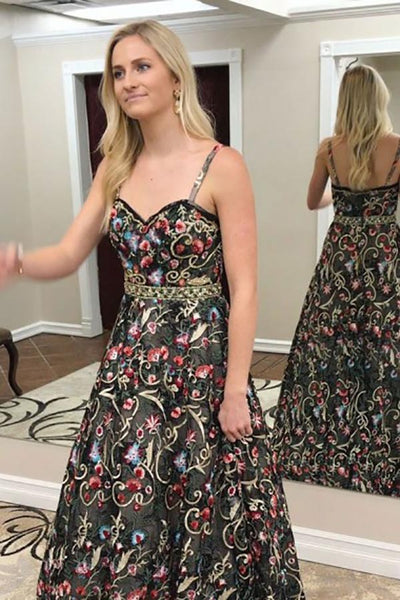 A-Line Spaghetti Straps Sweep Train Black Lace Sleeveless Prom Dress with Beading LR114