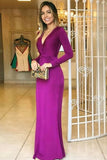 Mermaid Deep V-Neck Floor-Length Long Sleeves Grape Stretch Satin Prom Dress LR283