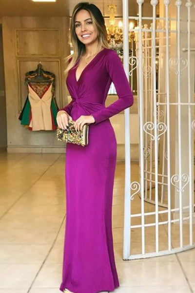 Mermaid Deep V-Neck Floor-Length Long Sleeves Grape Stretch Satin Prom Dress LR283