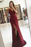 Mermaid Deep V-Neck Sweep Train Split Burgundy Backless Chiffon Prom Dress LR403