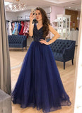 Blue Tulle V Neck Long A Line Beaded Prom Dress PDA519 | ballgownbridal