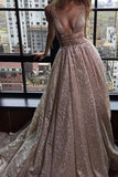 A-Line Deep V-Neck Backless Court Train Silver Prom Dress with Sequins PDA327 | ballgownbridal