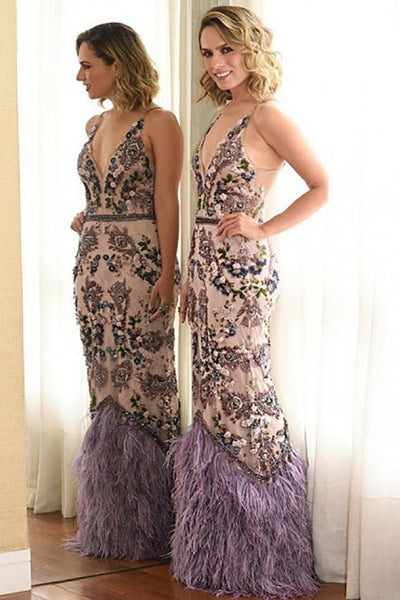 Mermaid Deep V-Neck Floor-Length Purple Satin Prom Dress with Beading Feathers LR206