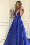 A-Line Deep V-Neck Court Train Royal Blue Satin Prom Dress with Bowknot LR352 | ballgownbridal