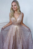 Bling A Line Deep V Neck Champagne Prom Dresses with Sequins ODA003 | ballgownbridal