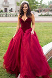 Ball Gown Sweetheart Sweep Train Burgundy Tulle Pleated Prom Dress AHC525 | ballgownbridal