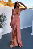 A-Line Deep V-Neck Backless Floor-Length Pink Chiffon Prom Dress with Split PDA418 | ballgownbridal
