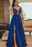 A-Line Sweetheart Split Royal Blue Satin Prom Dress with Appliques Beading LR314