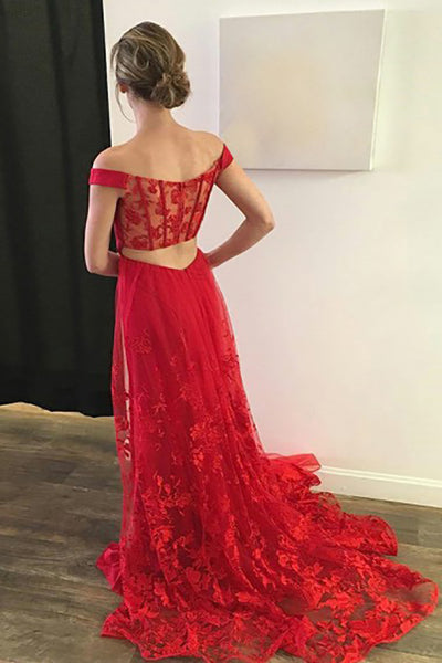 A-Line Off-the-Shoulder Sweep Train Red Lace Open Back Sleeveless Prom Dress LR158