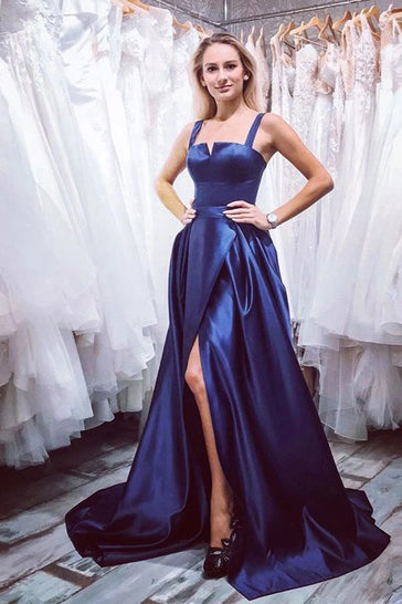 Royal Blue Satin Long Halter Side Slit Prom Dress PDA247 | ballgownbridal