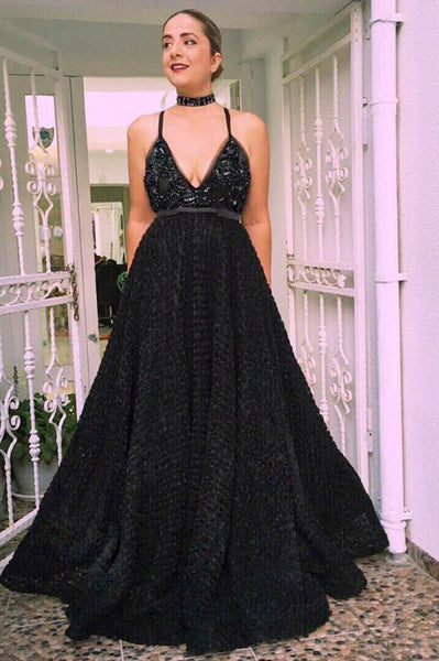 A-Line Spaghetti Straps Black Lace Prom Dress with Beading Sequins PDA312 | ballgownbridal