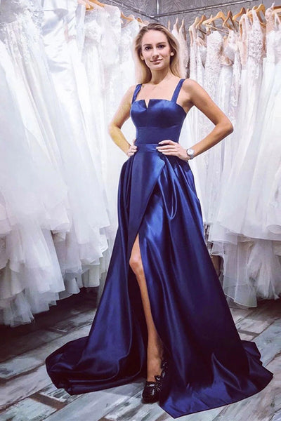 Royal Blue Satin Long Halter Side Slit Prom Dress PDA421 | ballgownbridal