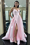 A-Line Straps Sweep Train Split Side Pink Satin Prom Dress with Beading Pockets LR321