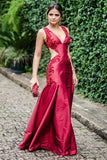 Mermaid Deep V-Neck Floor-Length Red Satin Cut Out Prom Dress with Beading  LR411 | ballgownbridal