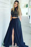 Two Piece High Neck Sweep Train Split Navy Blue Satin Prom Dress with Lace LR371 | ballgownbridal