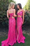 Two Piece Mermaid Spaghetti Straps Fuchsia Lace Split Prom Dress with Beading PDA290 | ballgownbridal