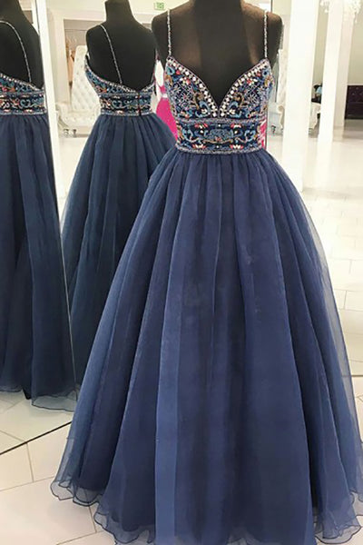 A-Line Spaghetti Straps Floor-Length Navy Blue Tulle Sleeveless Prom Dress with Beading LR98