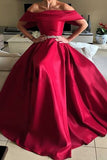 A-Line Off-the-Shoulder Sweep Train Red Satin Sleeveless Prom Dress with Beading LR237