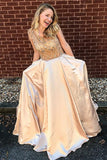 A-Line Crew Sweep Train Champagne Satin Prom Dress with Beading Pockets LR340