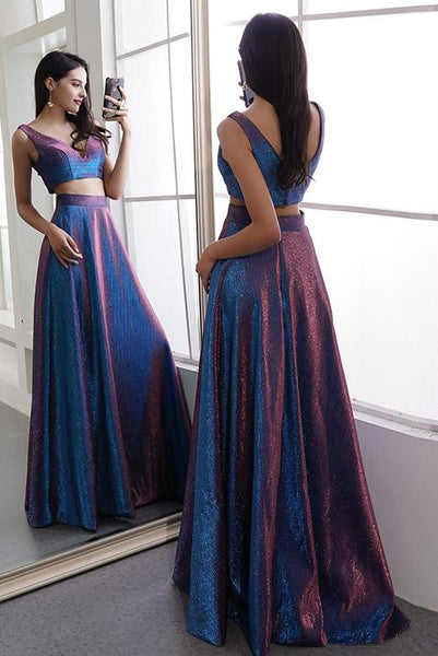 Two Piece Blue Long Prom Dresses V Neck Evening Dresses PDA013 | ballgownbridal