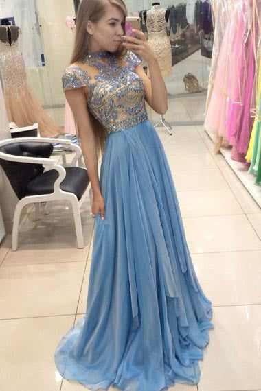 A-Line Jewel Sweep Train Cap Sleeves Blue Organza Prom Dress with Beading AHC673 | ballgownbridal