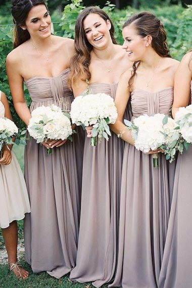 A-Line Strapless Floor-Length Grey Chiffon Bridesmaid Dress with Ruched AHC616