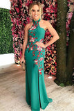 Mermaid High Neck Split Side Dark Green Satin Prom Dress with Embroidery LR478